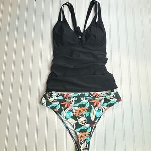 Cupshe Women Tankini Set Black Top Floral Bottom Swimwear Size XL NWT